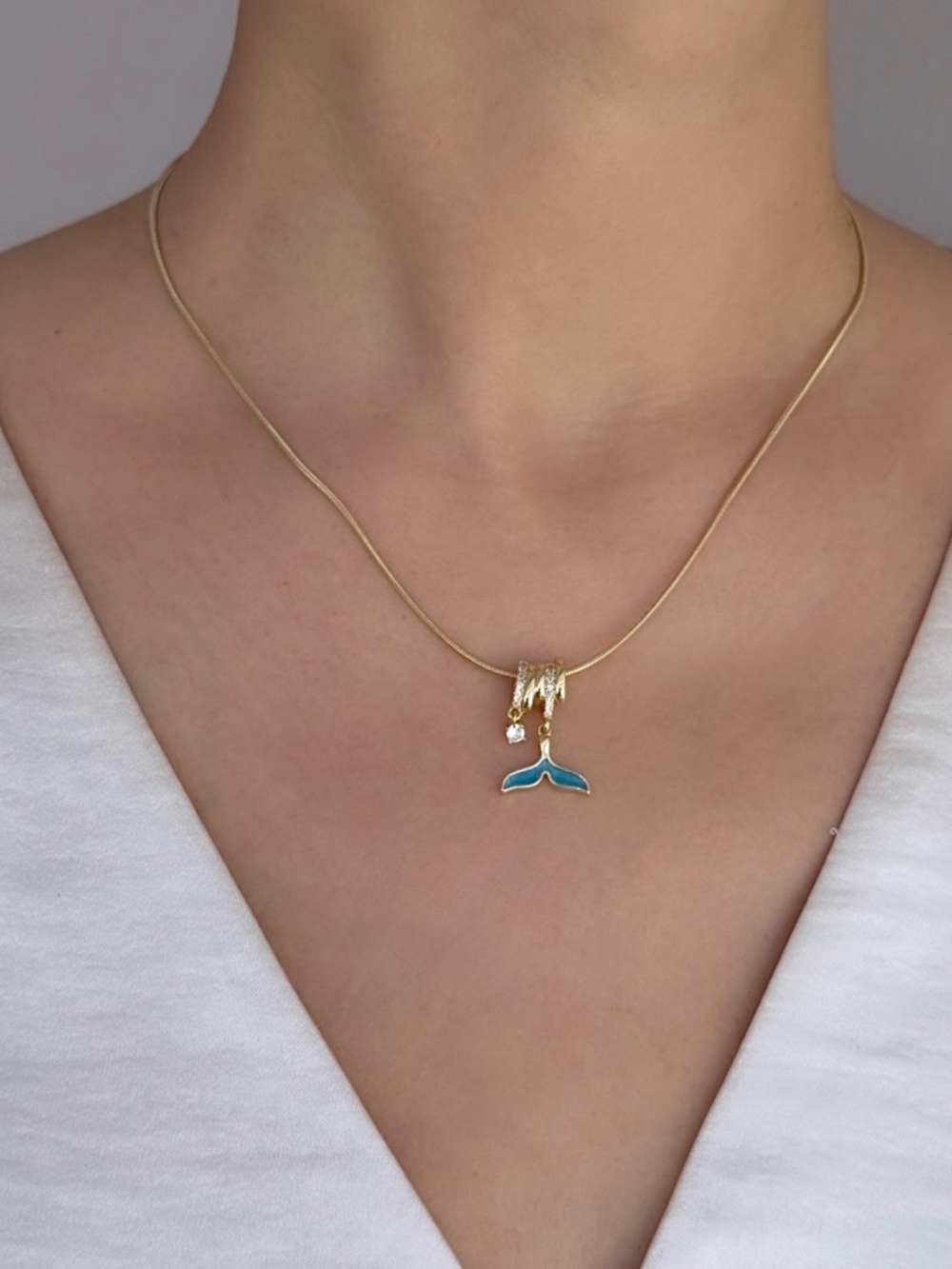 14K Gold Plated Whale Tail Necklace with Blue Enamel & Sparkling Zircon Charms - Picture 7 of 11